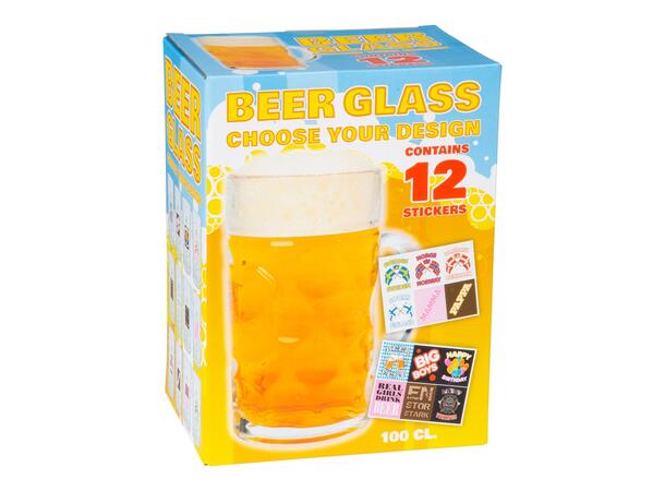 Ølglass seidel 1L m. klistremerker 12 morsomme stickers 