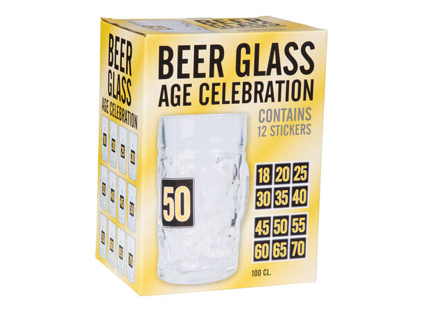 Ølglass 1L m. jubileumsmerker #18–70 år klistremerker 